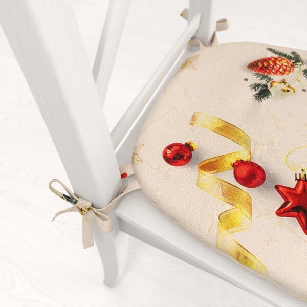 Biante Oblý podsedák Parma PM-137 Vianočné ozdoby s vetvičkami na zlato-béžovom - 39x37x3 cm
