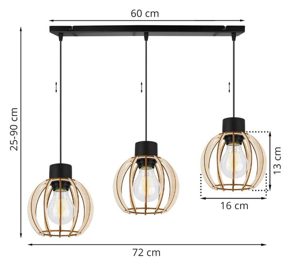 Závesné svietidlo Timber 8, 3x drevené tienidlo