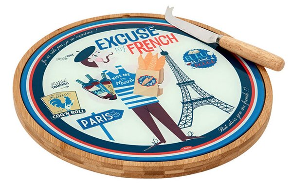 Doska na syr "Excuse my French" D 32 x H 1,5 cm, drevo + sklo