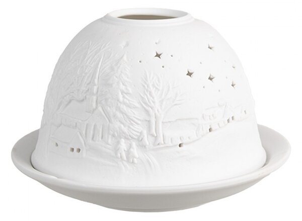 Biely porcelánový svietnik na čajovú sviečku zimná krajina Paollo - Ø 12*8 cm - Clayre & Eef