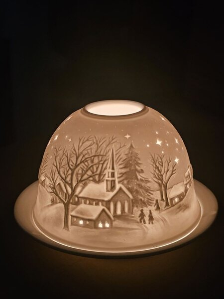 Biely porcelánový svietnik na čajovú sviečku zimná krajina Paollo - Ø 12*8 cm - Clayre & Eef