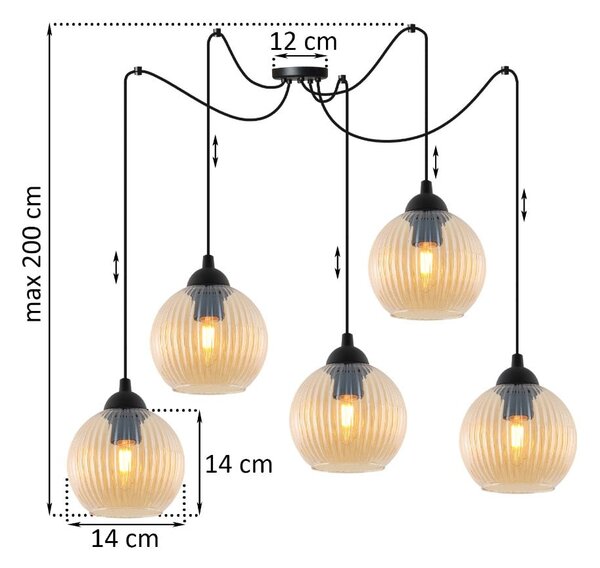 Závesné svietidlo Riffle Round Spider, 5x medové sklenené tienidlo