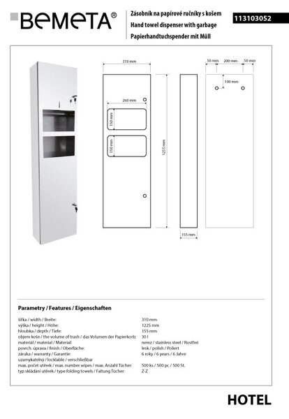 Bemeta Design Zásobník papierových utierok, s odpadkovým košom, nerez, lesk - 113103052
