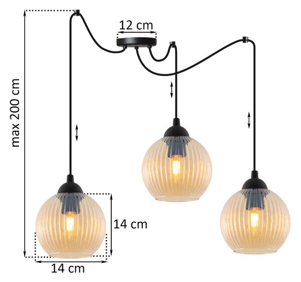 Závesné svietidlo Riffle Round Spider, 3x medové sklenené tienidlo