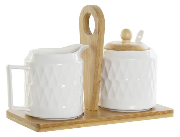 Cukornička a mliekovka "WHITE DROP" porcelán-bambus na podnose, 12x7,5x8,5 cm (PC-188268 SUGAR BOWL SET 3 PORCELAIN BAMBOO 12X7,5X8,5 WHITE)