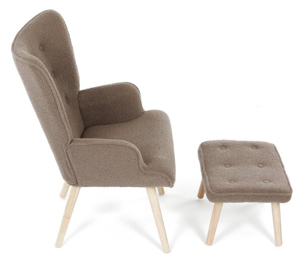 Relaxačné kreslo ušiak ROMEO II + taburet — masívne drevo, látka bouclé, prírodná / hnedá