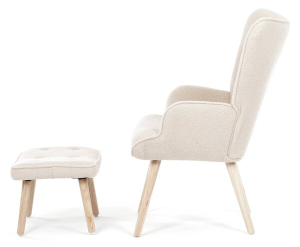 Relaxačné kreslo ušiak ROMEO II + taburet — masívne drevo, látka bouclé, prírodná / krémová