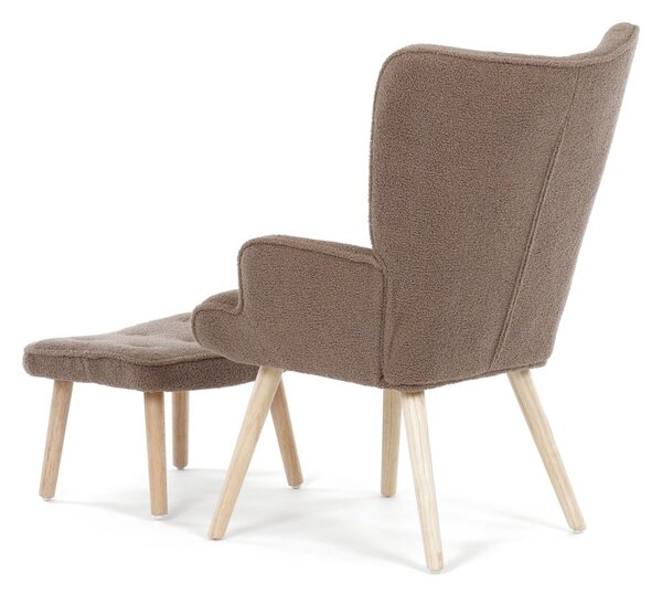 Relaxačné kreslo ušiak ROMEO II + taburet — masívne drevo, látka bouclé, prírodná / hnedá