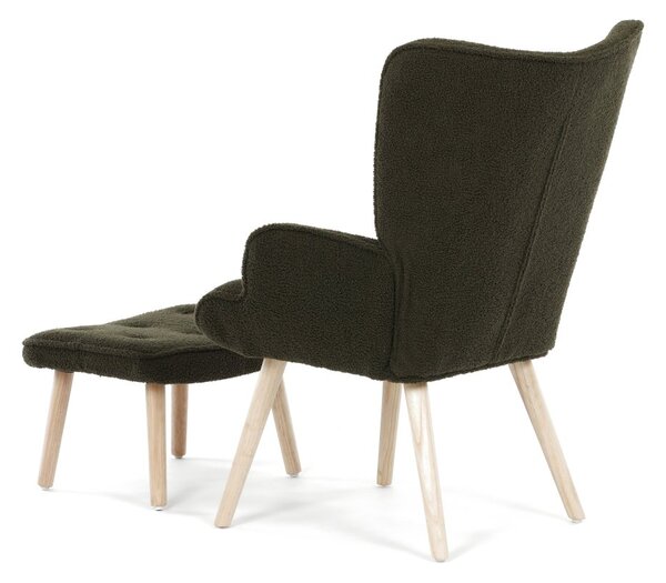 Relaxačné kreslo ušiak ROMEO II + taburet — masívne drevo, látka bouclé, prírodná / zelená