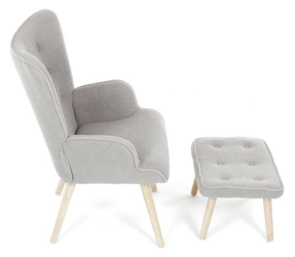 Relaxačné kreslo ušiak ROMEO II + taburet — masívne drevo, látka bouclé, prírodná / sivá