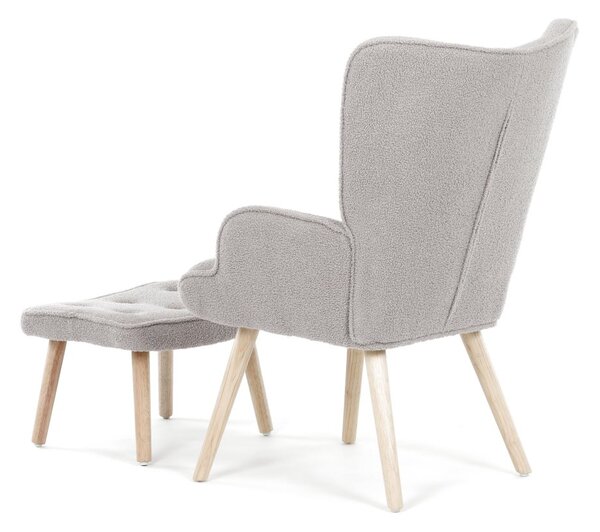 Relaxačné kreslo ušiak ROMEO II + taburet — masívne drevo, látka bouclé, prírodná / sivá