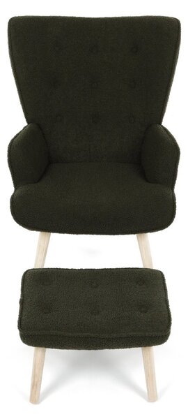 Relaxačné kreslo ušiak ROMEO II + taburet — masívne drevo, látka bouclé, prírodná / zelená