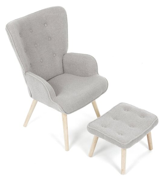 Relaxačné kreslo ušiak ROMEO II + taburet — masívne drevo, látka bouclé, prírodná / sivá