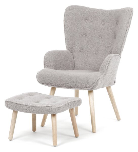 Relaxačné kreslo ušiak ROMEO II + taburet — masívne drevo, látka bouclé, prírodná / sivá