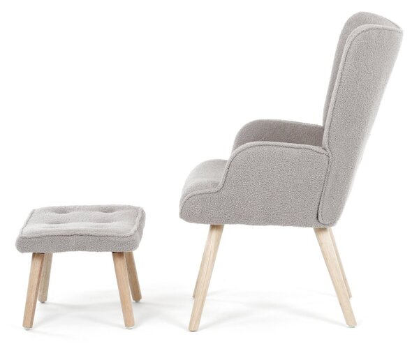 Relaxačné kreslo ušiak ROMEO II + taburet — masívne drevo, látka bouclé, prírodná / sivá