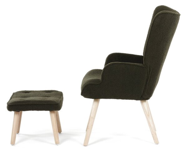 Relaxačné kreslo ušiak ROMEO II + taburet — masívne drevo, látka bouclé, prírodná / zelená