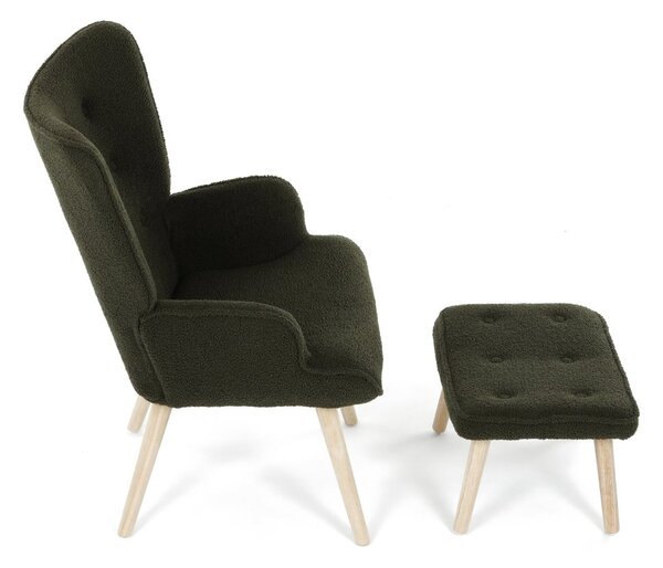 Relaxačné kreslo ušiak ROMEO II + taburet — masívne drevo, látka bouclé, prírodná / zelená