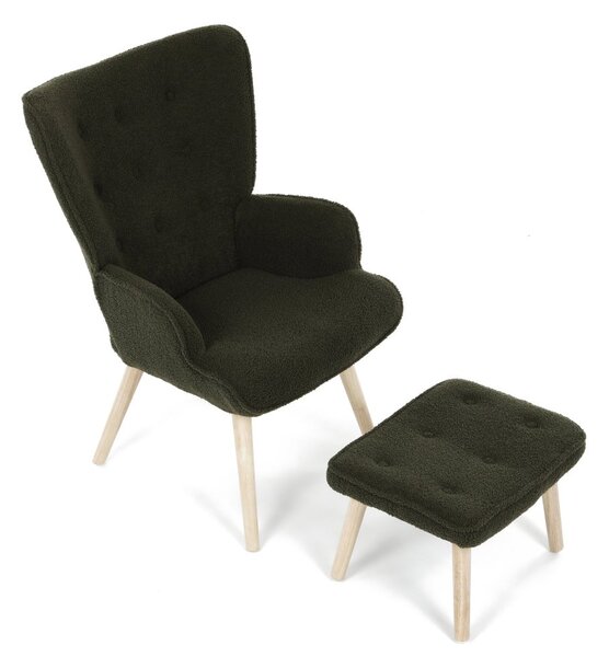 Relaxačné kreslo ušiak ROMEO II + taburet — masívne drevo, látka bouclé, prírodná / zelená