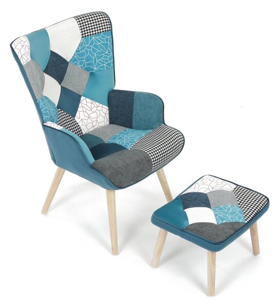 Relaxačné kreslo ušiak LISA + taburet — masív, látka, modrý patchwork