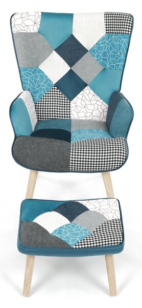 Relaxačné kreslo ušiak LISA + taburet — masív, látka, modrý patchwork