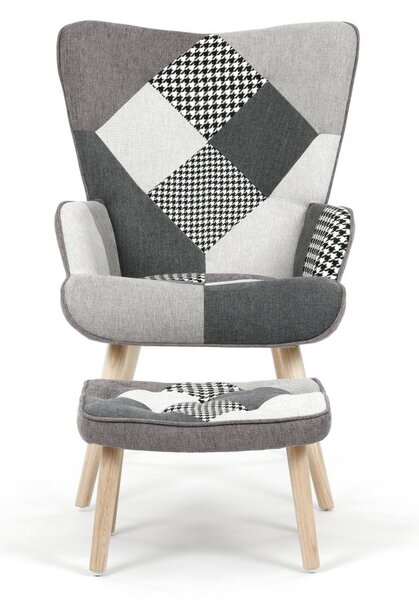 Relaxačné kreslo ušiak LISA + taburet — masív, látka, čiernobiely patchwork