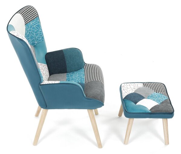 Relaxačné kreslo ušiak LISA + taburet — masív, látka, modrý patchwork