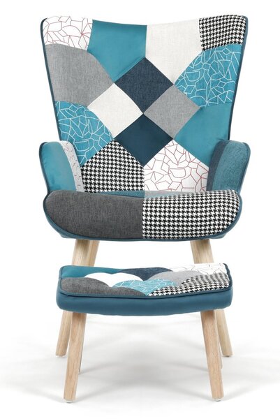Relaxačné kreslo ušiak LISA + taburet — masív, látka, modrý patchwork