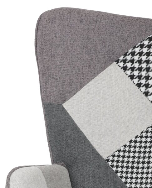 Relaxačné kreslo ušiak LISA + taburet — masív, látka, čiernobiely patchwork