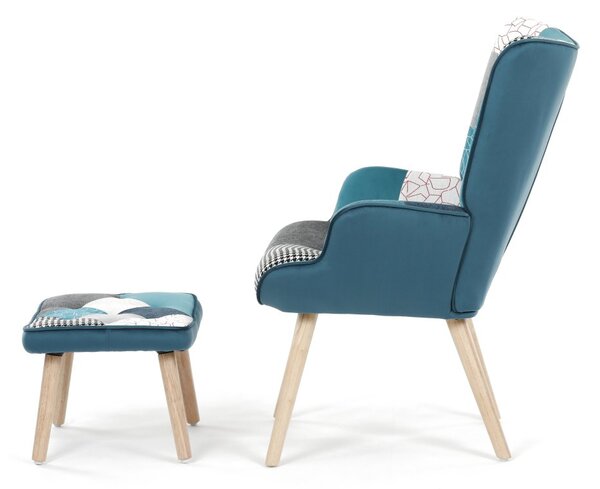 Relaxačné kreslo ušiak LISA + taburet — masív, látka, modrý patchwork