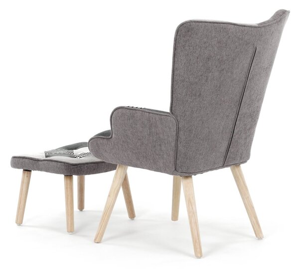 Relaxačné kreslo ušiak LISA + taburet — masív, látka, čiernobiely patchwork