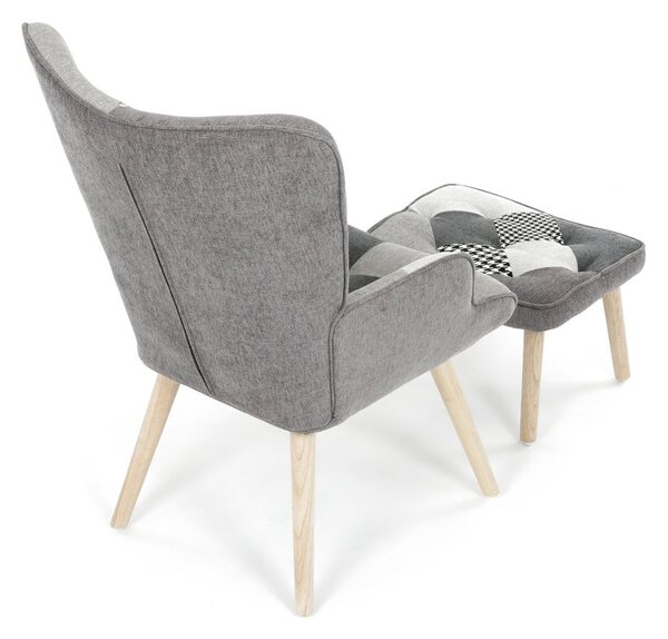 Relaxačné kreslo ušiak LISA + taburet — masív, látka, čiernobiely patchwork