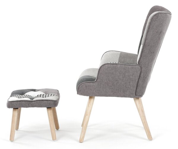 Relaxačné kreslo ušiak LISA + taburet — masív, látka, čiernobiely patchwork