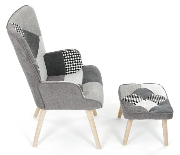 Relaxačné kreslo ušiak LISA + taburet — masív, látka, čiernobiely patchwork