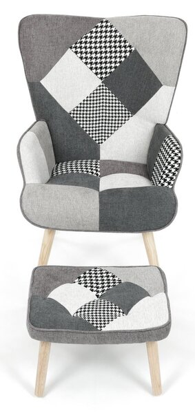 Relaxačné kreslo ušiak LISA + taburet — masív, látka, čiernobiely patchwork
