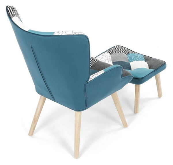 Relaxačné kreslo ušiak LISA + taburet — masív, látka, modrý patchwork