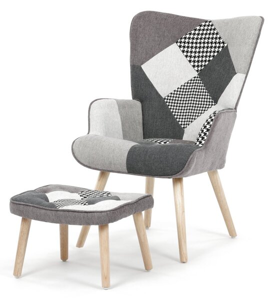 Relaxačné kreslo ušiak LISA + taburet — masív, látka, čiernobiely patchwork
