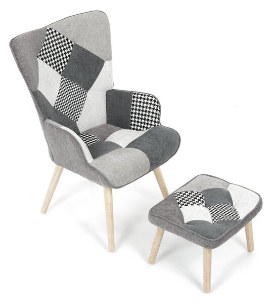 Relaxačné kreslo ušiak LISA + taburet — masív, látka, čiernobiely patchwork
