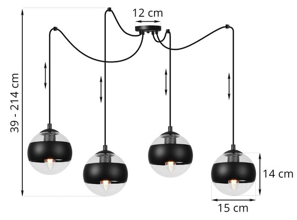 Závesne svietidlo Toledo Spider, 4x čierne/transparentné sklenené tienidlo, B