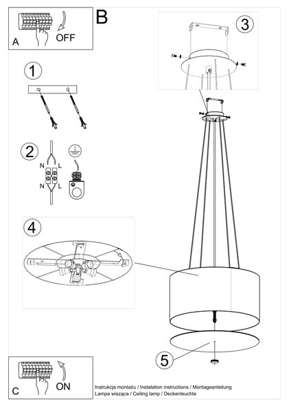 Závesné svietidlo Otto, 1x čierne textilné tienidlo, (biele sklo), (fi 50 cm)