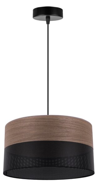 Závesné svietidlo Wood, 1x hnedá orechová dýha/čierne PVC tienidlo, (fi 30cm)