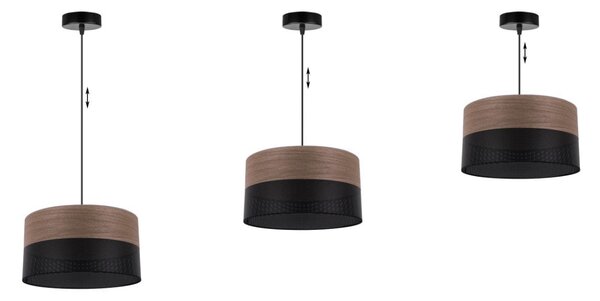 Závesné svietidlo Wood, 1x hnedá orechová dýha/čierne PVC tienidlo, (fi 30cm)
