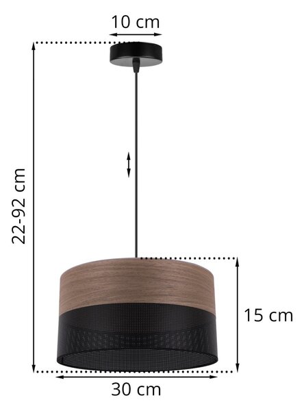 Závesné svietidlo Wood, 1x hnedá orechová dýha/čierne PVC tienidlo, (fi 30cm)