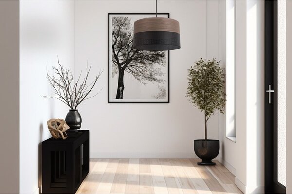 Závesné svietidlo Wood, 1x hnedá orechová dýha/čierne PVC tienidlo, (fi 30cm)