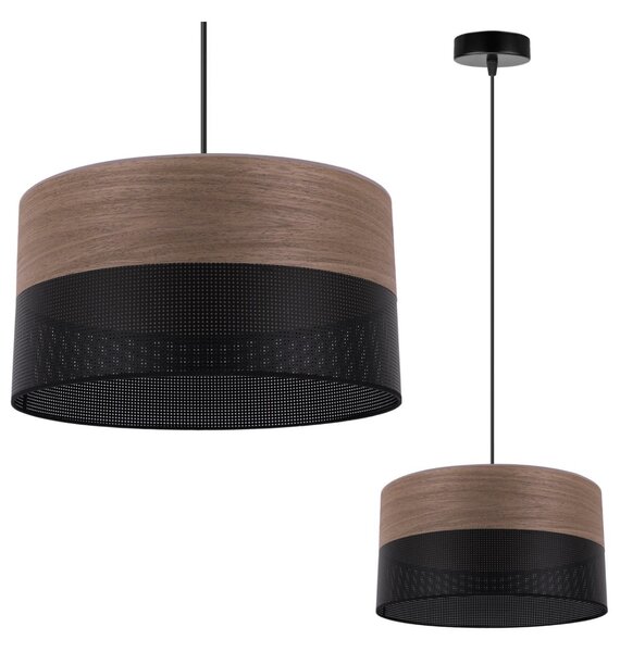 Závesné svietidlo Wood, 1x hnedá orechová dýha/čierne PVC tienidlo, (fi 30cm)