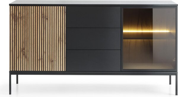 Moderná široká komoda s rebrovaným čelom 154 × 83 × 39 cm, čierna / dub Wotan
