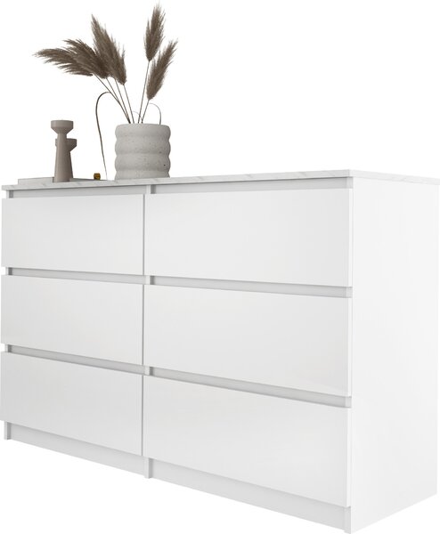Komoda 6 zásuviek, farba: matná biela / biely mramor, 120 x 78 x 39 cm