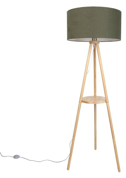 Drevená stojacia lampa s trojnožkou so zeleným tienidlom 50 cm - Lou