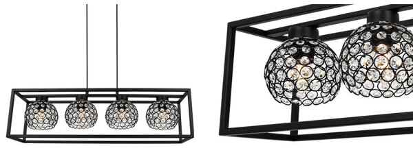 Závesné svietidlo Crystal Cage, 4x čierne krištáľové tienidlo v kovovom ráme