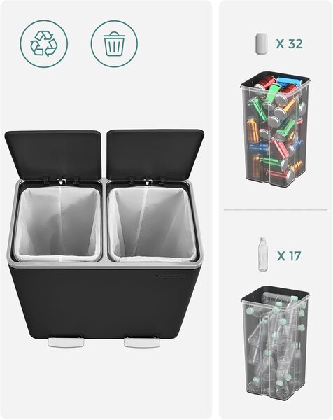 SONGMICS Odpadkový kôš Gerry 2x24 l čierny/strieborný