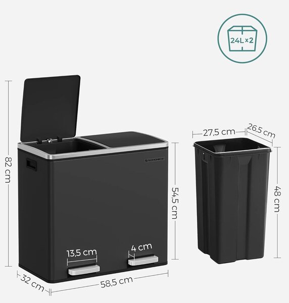 SONGMICS Odpadkový kôš Gerry 2x24 l čierny/strieborný